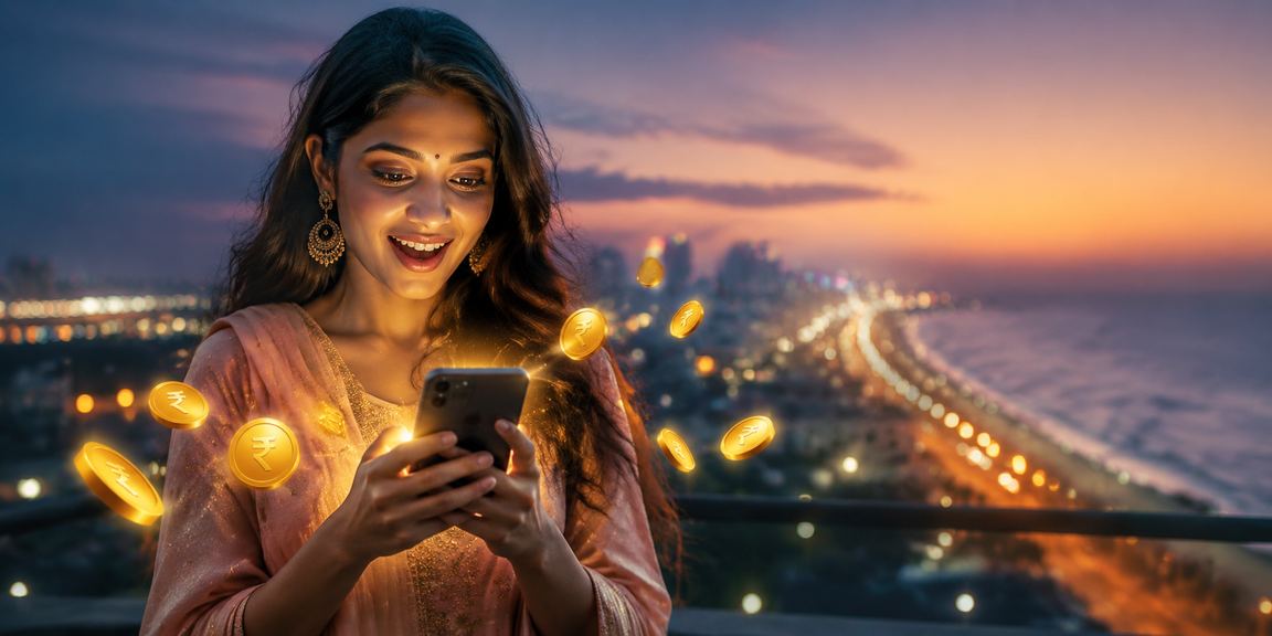 Chennai Marina Beach with festive deposit bonus visuals and rupee signs