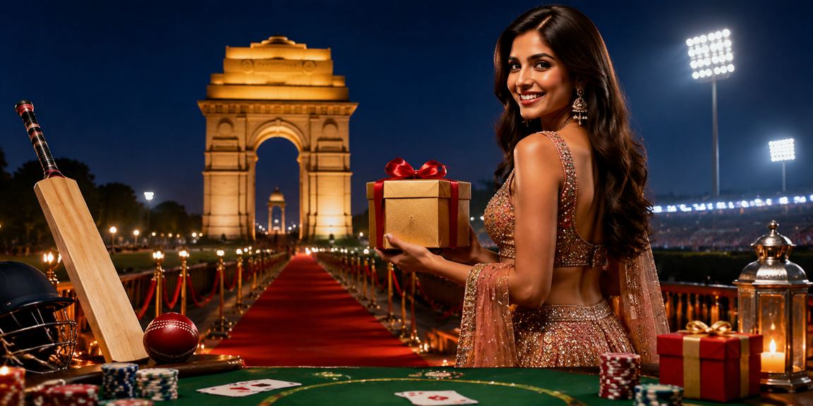 Delhi India Gate with cricket betting themed Bollywood style lighting