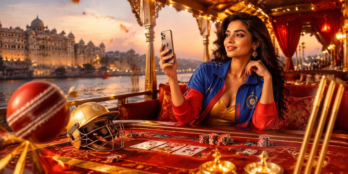 Vibrant Indian cricket betting environment with colorful red and gold theme