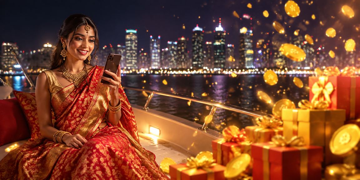 Indian woman in saree using mobile for betting