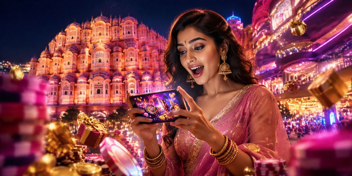 Jaipur Hawa Mahal vibrant neon casino scene at night