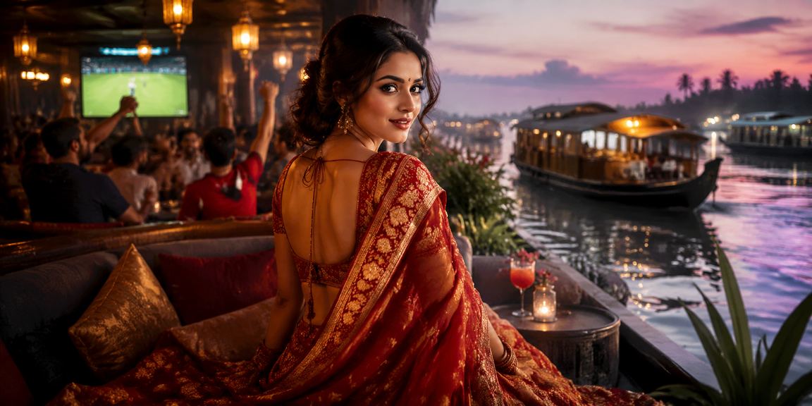 Serene Kerala backwaters with cricket betting atmosphere and traditional saree colors