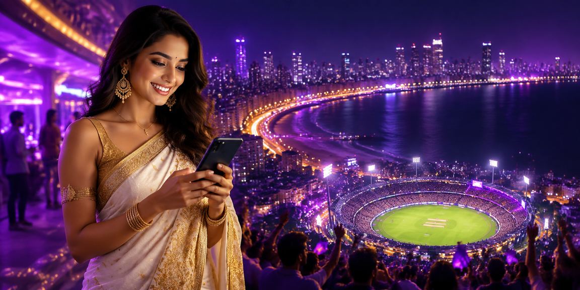 View of Mumbai Marine Drive overlayed with cricket betting interface